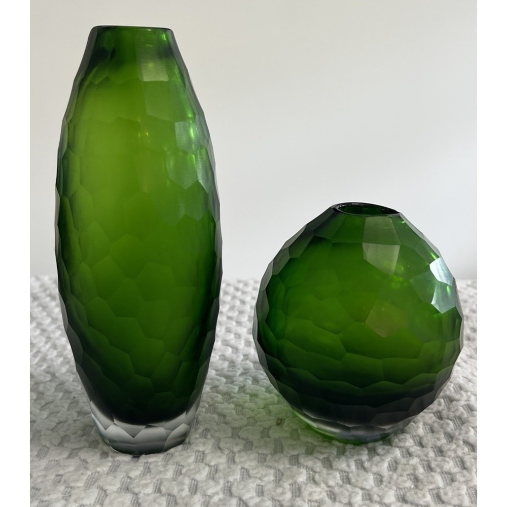 Hand Blown Art Glass Vases Emerald Green Faceted Modernist‎ MCM Battuto Style